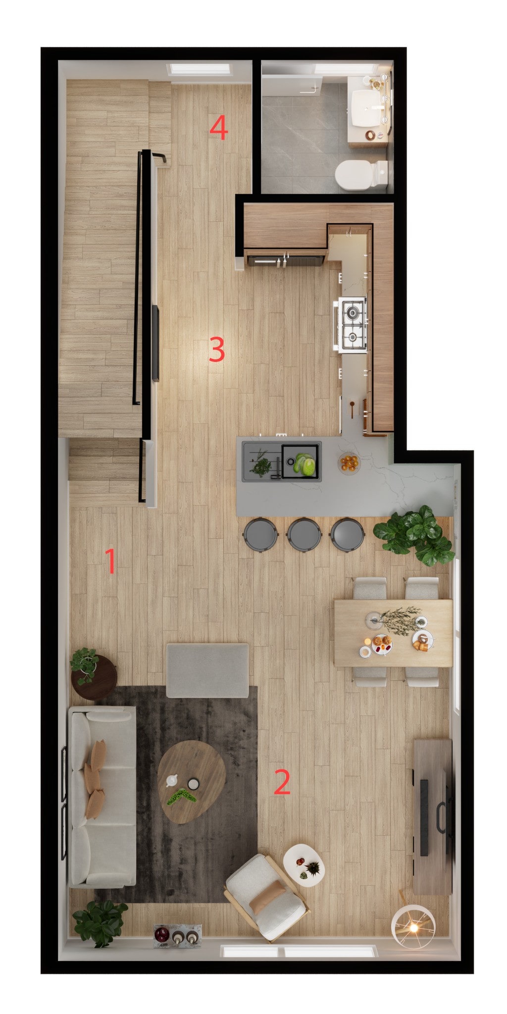A top-down 3D floor plan showing the main living level layout (Living Room, Kitchen, Dining, Bathroom), used for marketing a new ADHG unit.
