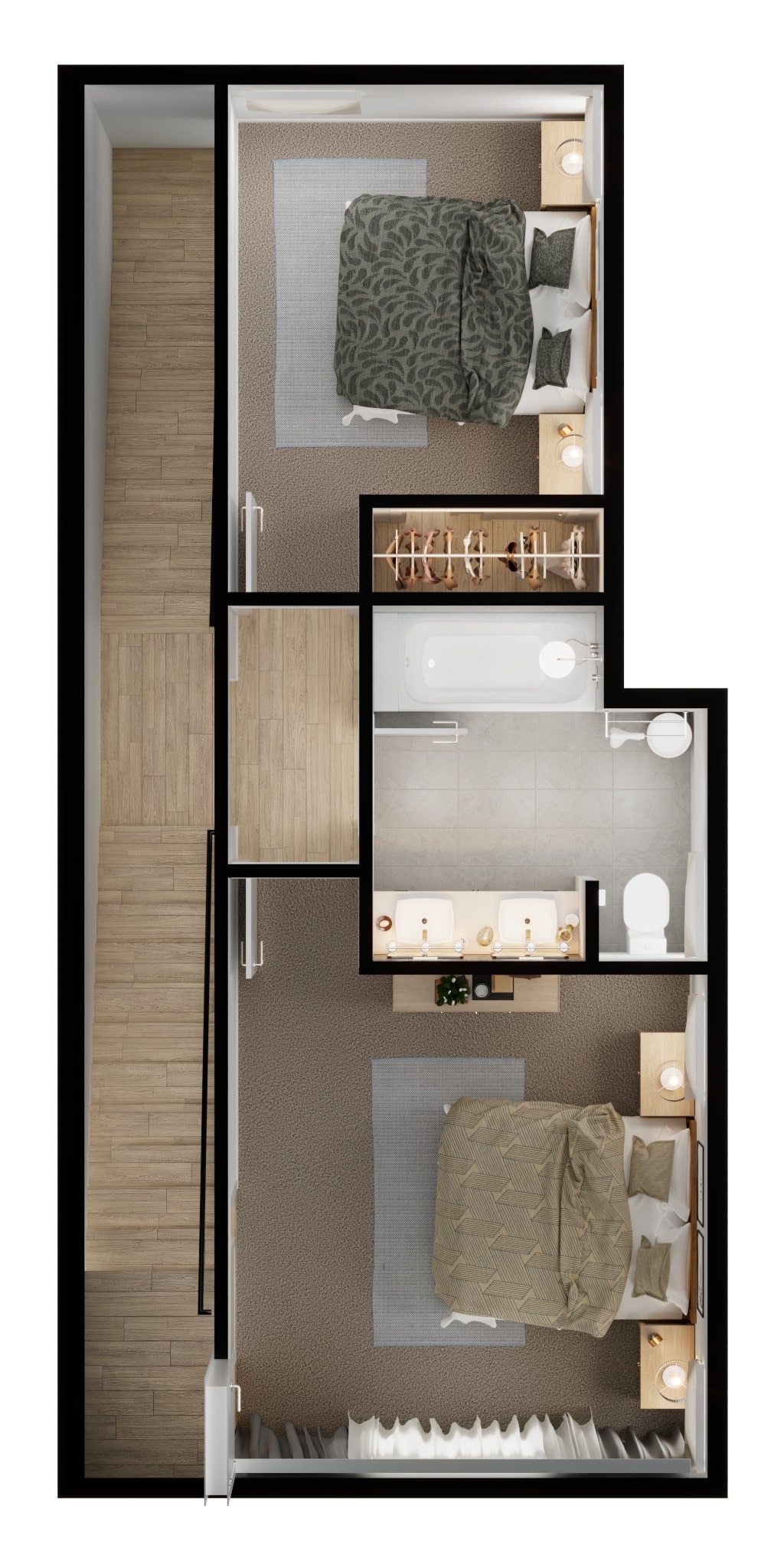 A top-down 3D floor plan visualization of the second floor of a unit, featuring two bedrooms, a landing, and a shared bathroom with dual sinks.