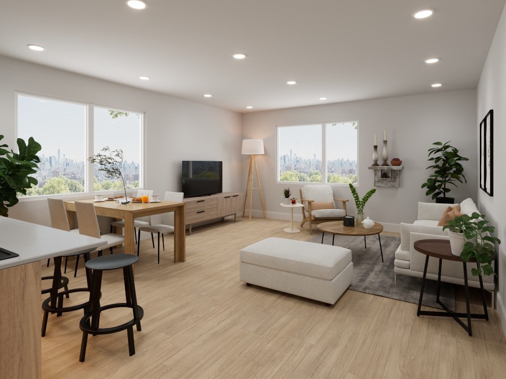 A 3D rendering of a well-furnished open-concept living and dining space, designed with light wood flooring and neutral furniture.