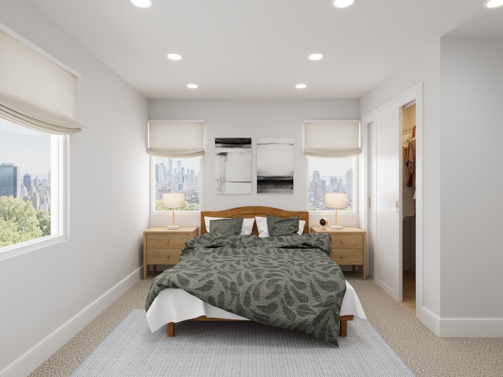 A 3D rendering of a contemporary bedroom with natural wood furniture, a patterned duvet, and large windows, visualized by Pixel Studio.