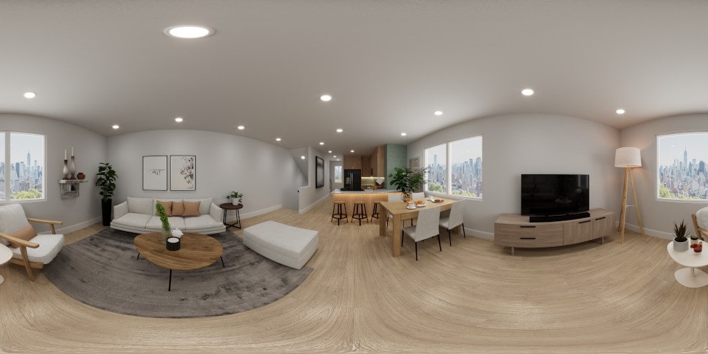 A panoramic 3D visualization of a bright and open living space with a cohesive design, showcasing the full scope of a modern ADHG interior.
