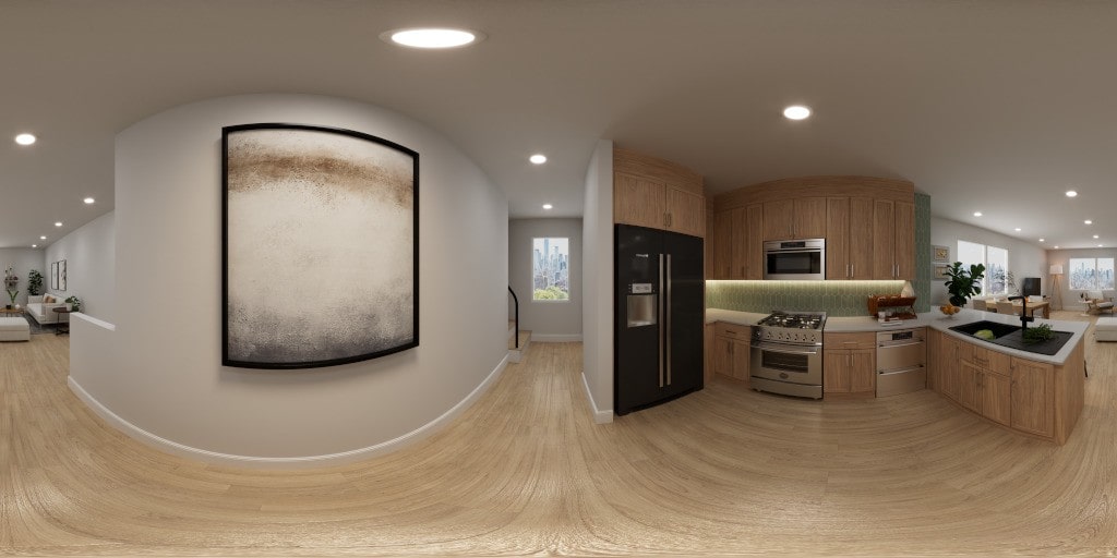 A panoramic 3D visualization of a long, open-concept floor plan, extending from the entryway to the kitchen with light wood cabinetry and floors.