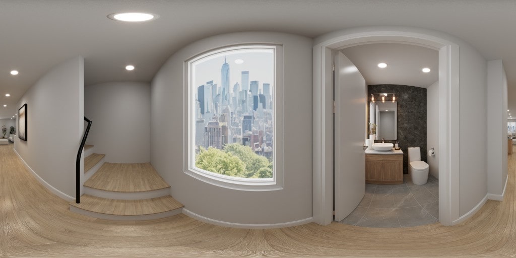 A panoramic 3D rendering of a hallway with a staircase and a large window offering a view of the city, leading into a modern bathroom.