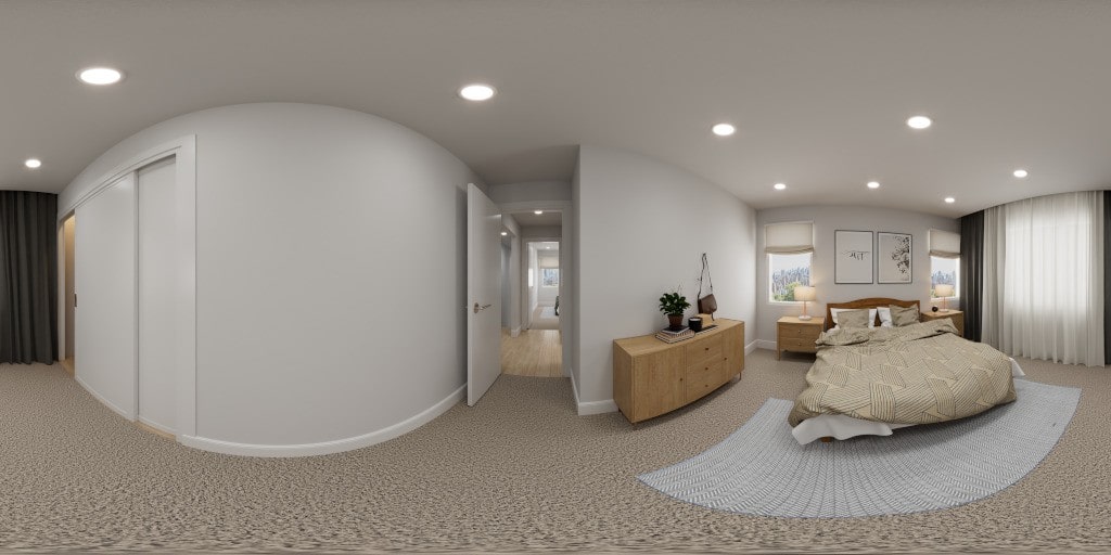 A panoramic 3D visualization of a neutral-toned master bedroom, showing the layout of the room, closet, and adjacent hallway.